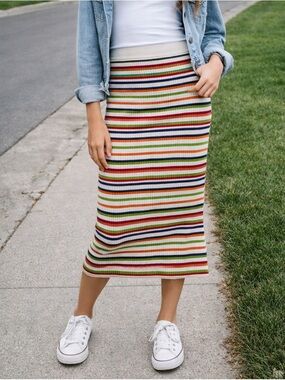 NWOT Hurley Ribbed Striped Stretchy Midi Skirt Back Slit Multicolor XS Preppy‎